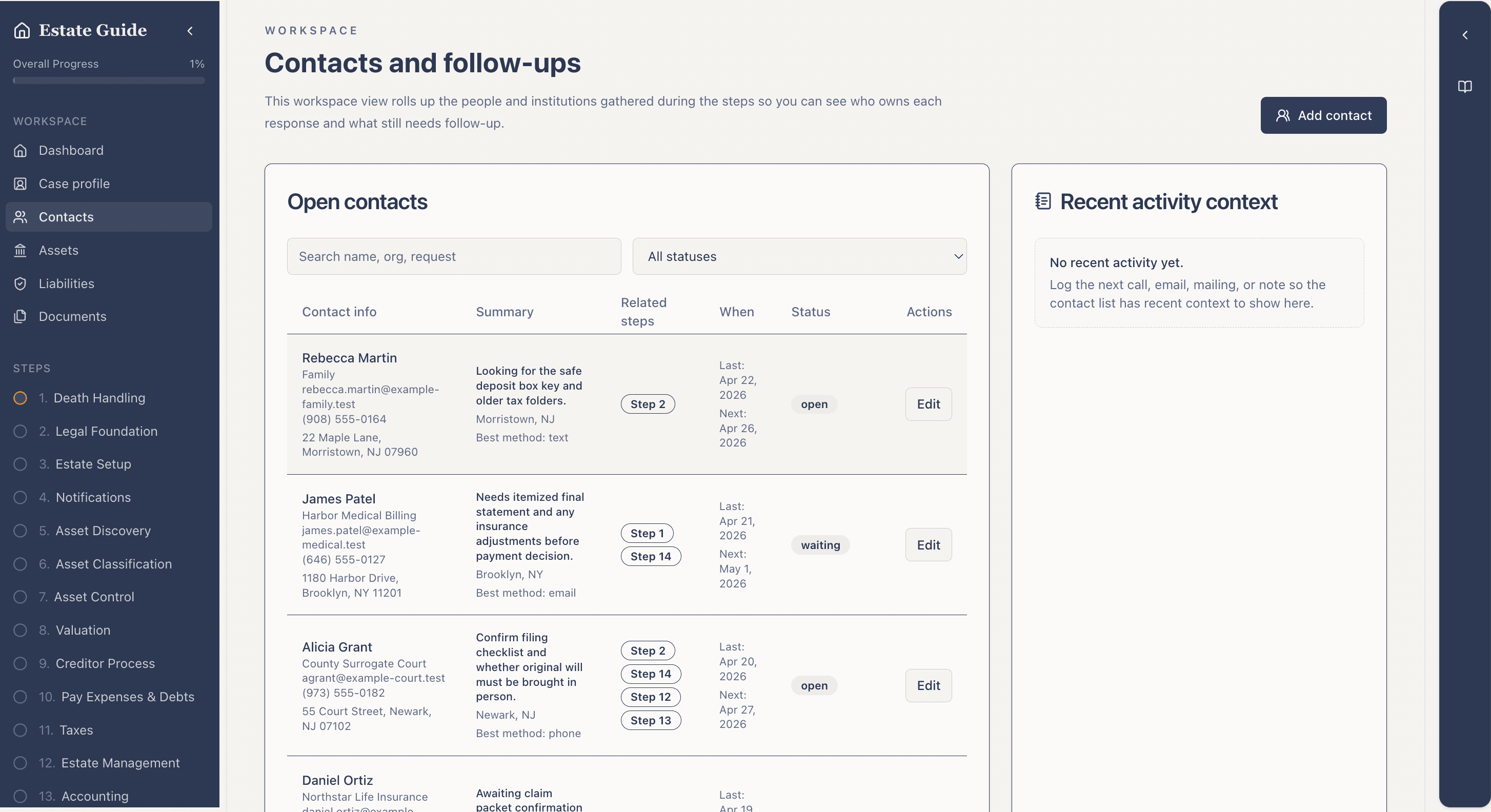 Placeholder for the Executorwise contacts workspace screenshot.