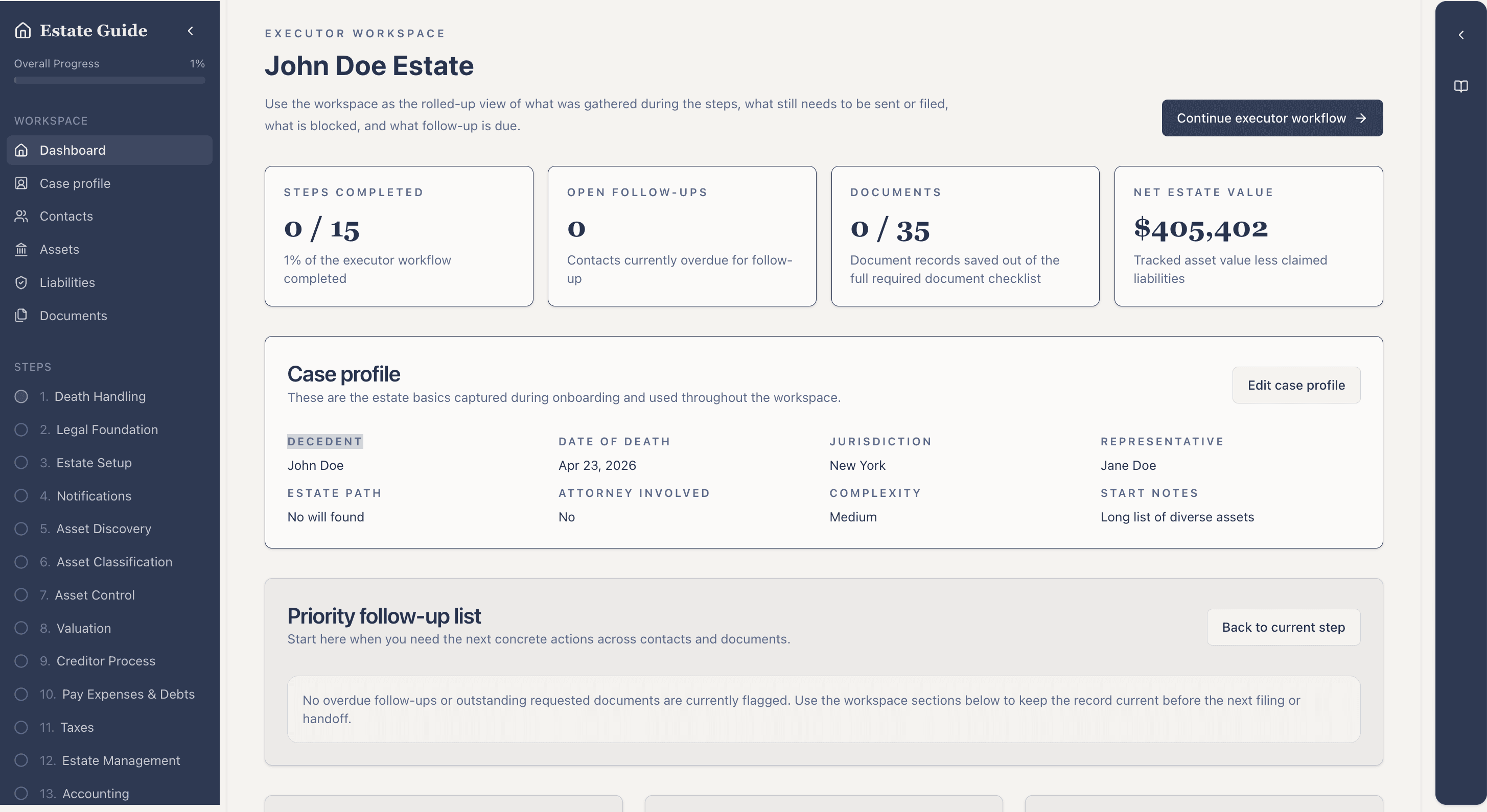 Executorwise app screenshot showing the estate workspace.