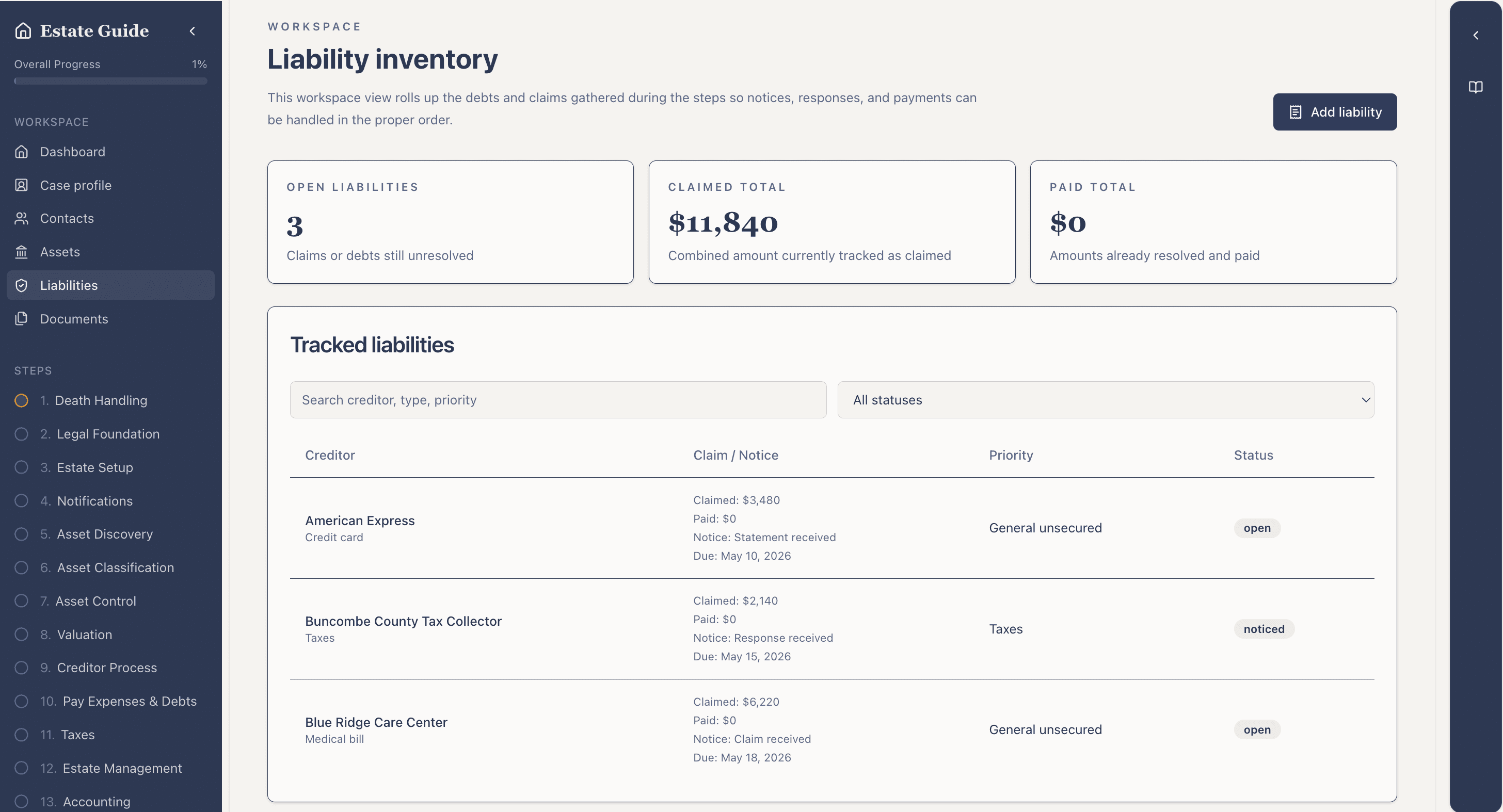 Placeholder for the Executorwise liabilities workspace screenshot.