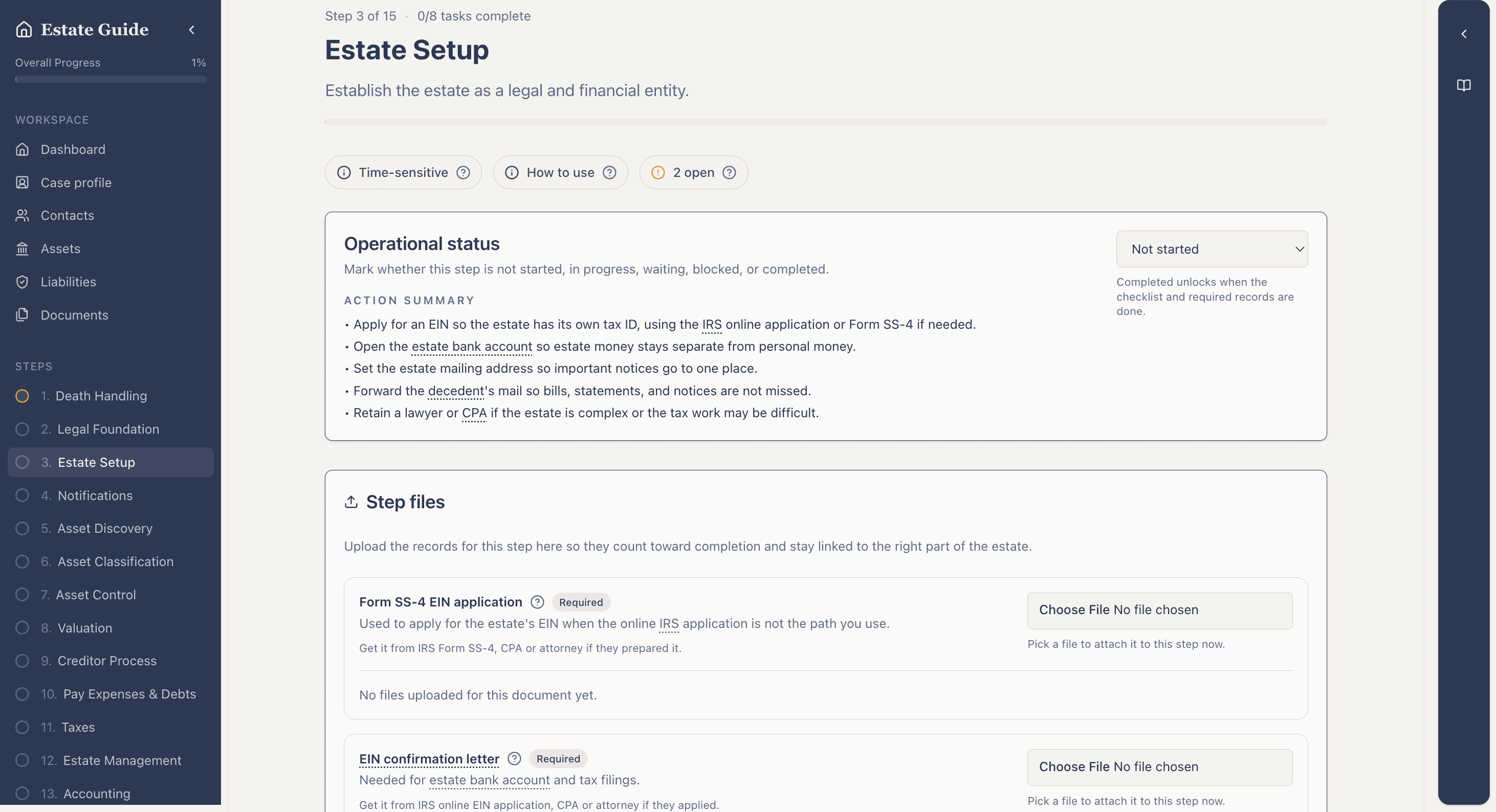 Executorwise checklist steps screenshot.